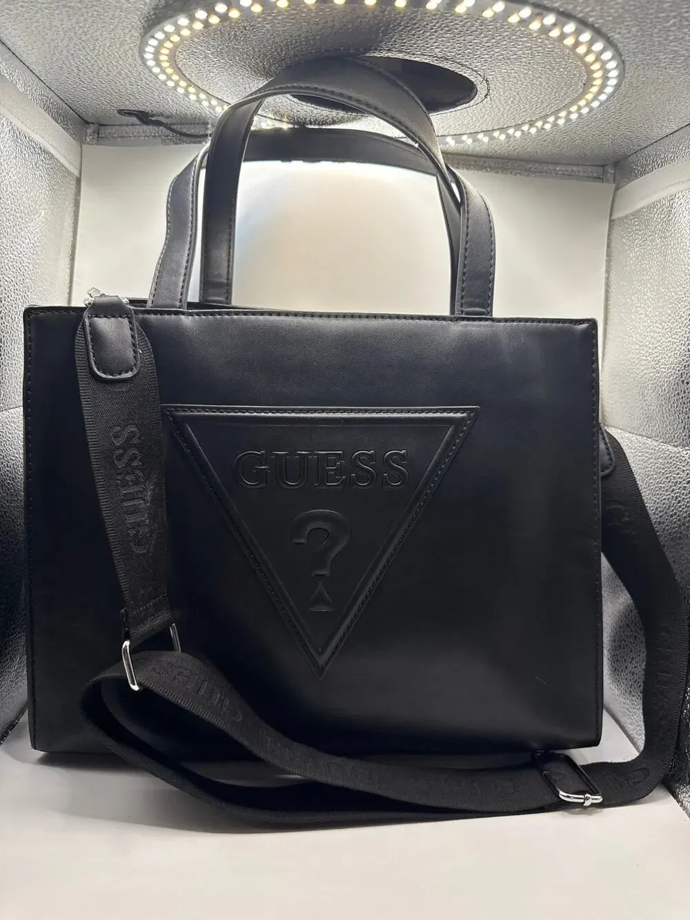 GUESS Black Faux Leather Triangle Logo Tote Satchel Crossbody Purse Handbag